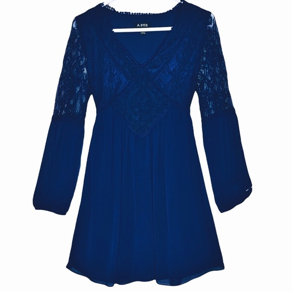 A. BYER Womens Juniors Dress Blue Long sleeves Fit and flare Mini Medium NEW - Picture 1 of 5